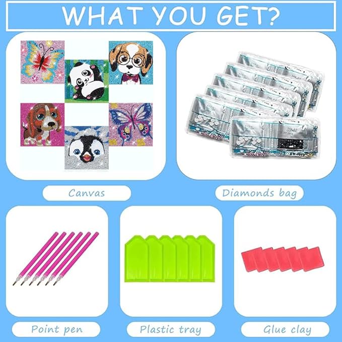 CHWGLFGG 6 Pack Diamond Painting Kits Beginners,5D DIY Diamond Art Kit for Kids 6-8-9-10-12 Girls Boys,Cute Animals Big Gem Art and Crafts,Easy Small Full Drill Painting Kits for Wall Decor 6" X 6"