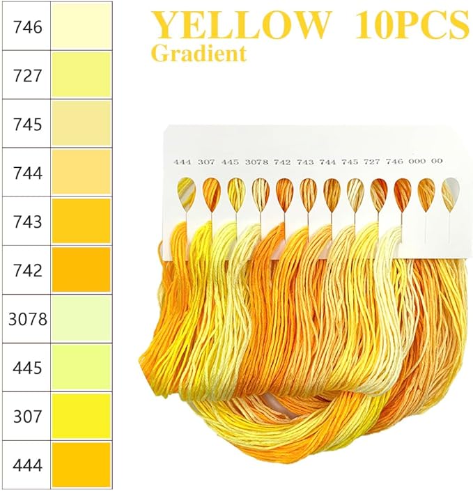 10-Color Gradient Embroidery Floss Set | 6 Color Families (Red, Yellow, Blue, Green, Brown, B&W) | 60 Pre-Sorted Skeins, 6-Strand Threads (1.2m Each) for Sewing & Crafts (Zhenqing 69023)