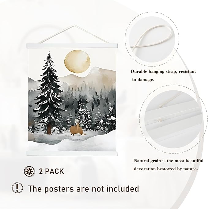 Artmag 2 Pack Magnetic Poster Hanger Frame, 8x10 8x12 8x24 Light Wood Wooden Magnet Canvas Artwork Print Dowel Poster Hangers Frames Hanging Kit (White, 8",2 Packs)