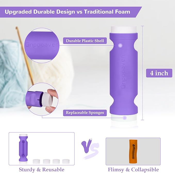 Crochet Loop Guide for Beginners, Durable Plastic 4" Crochet Holder with 6 Replaceable Sponges, Reusable Yarn Guide Tool Accessories for All Yarn Types, Easy Start Crochet Ring Aid (Purple)