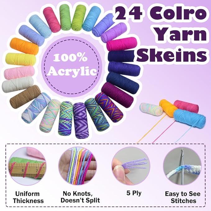 Lewhoo Crochet Kits for Beginner, 1312 Yards Acrylic Yarn Kit for Knitting and Crocheting, 25g×24 Yarn Bundles with Accessories