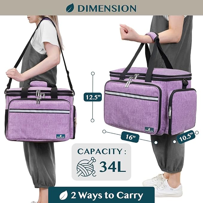 PAVILIA Knitting Bag Yarn Storage Tote, Large Crochet Organizer Bag, Yarn Storage Holder for Crocheting Knitter, Knitting Project Bag, Crochet Accessories Set, Gifts For Crochet Lovers, Heather Purple