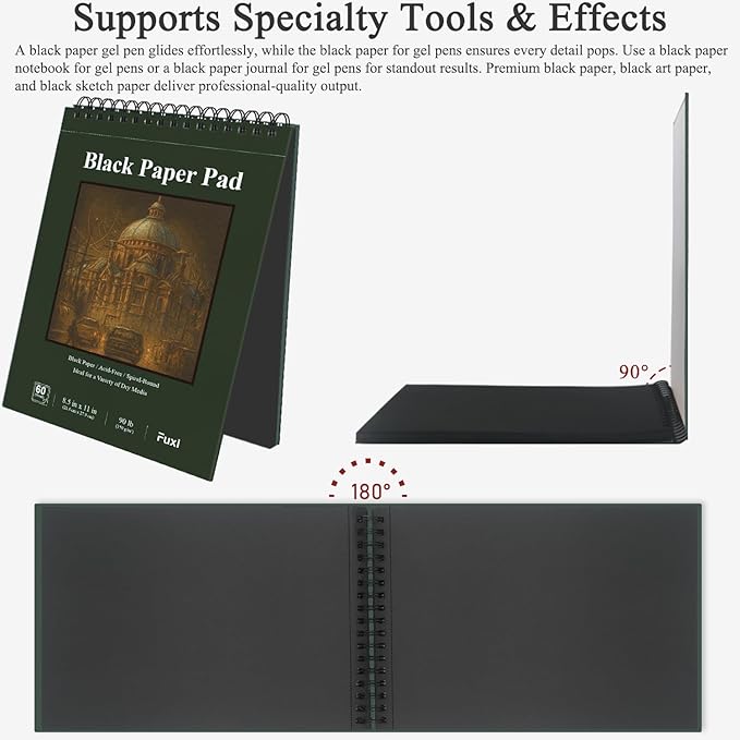 fuxi black paper notebook, 60 sheets (90lb/150gsm) spiral sketchbook 8.5 x 11, hardcover | art supplies for adults, perfect for gel pens.