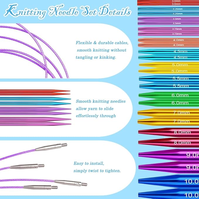 Yarniss 13 Pairs Circular Knitting Needle Set 3.0~10.0mm,4-Inch Interchangeable Aluminum Knitting Needles with 4 Cables, Round Needle with Case