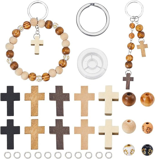 SUNNYCLUE 280Pcs Keychain Making Kit Wood Cross Charms Round Cross Bead Wood Cross Beads Mini Crucifix Charm Wooden Cross Charms Split Key Rings for Keychains Bracelets Beading Craft DIY Supplies