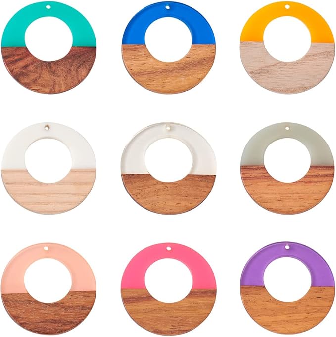 Beadthoven 18pcs/9 Pairs Natural Wood Resin Charms Hollow Round Circle DIY Earrings Pendants Mixed Colors Round Ring Wooden Pieces Pendants for Statement Jewelry Making Findings
