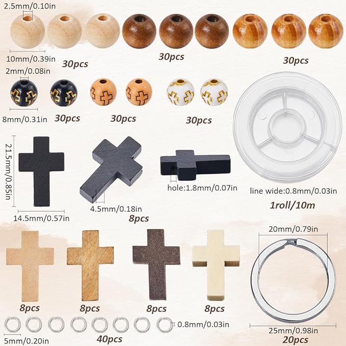 SUNNYCLUE 280Pcs Keychain Making Kit Wood Cross Charms Round Cross Bead Wood Cross Beads Mini Crucifix Charm Wooden Cross Charms Split Key Rings for Keychains Bracelets Beading Craft DIY Supplies