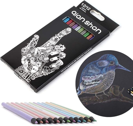 qianshan Metallic Colored Pencils 12 Colors - Non-toxic Black Wood Colored Pencils Pre-sharpened Wooden Sketching Pencils Set for Adults Coloring Book, Art Drawing, Black Paper, No Duplicates