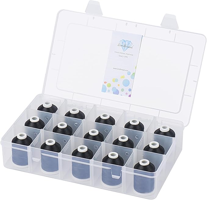 [Box-Upgraded] Simthread Machine Embroidery Thread 1000M Black 900, with Storage Box Polyester 15 Spools Set for Embroidery Quilting Machine