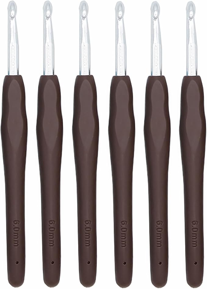 6Pcs 6mm Aluminum Soft Grip Rubber Ergonomic Handle Crochet Hook Knitting Needles US Size J (Size 10) for DIY Yarn Craft,Nice Gift for Women Adults Kids Children Beginners (Brown)