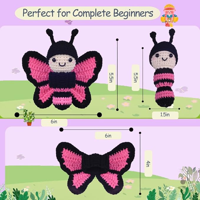 Crochet Kit for Beginners,Crochet Starter Kit with Step-by-Step Video Tutorials,DIY Crochet Animal Kits for Adults Kids,Complete Kit Included(Butterfly)