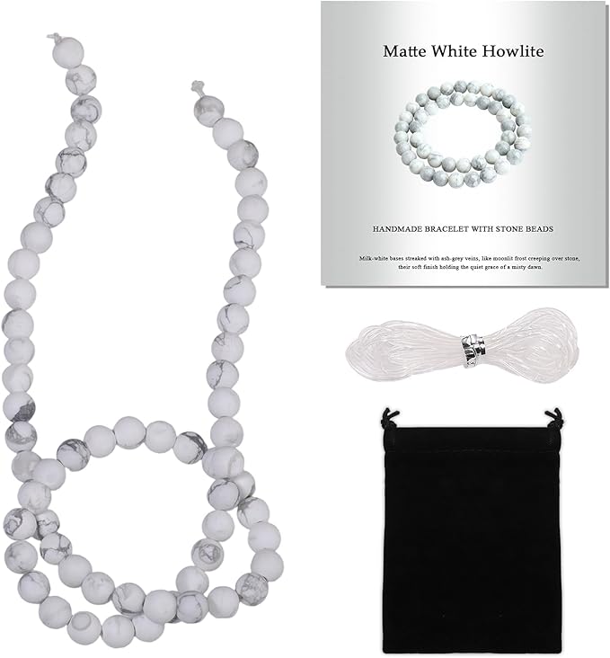 Stone Beads, 60pcs Matte White Howlite, 6mm Round Loose Beads for Jewelry Making, Bracelets, with Bag, String & Card