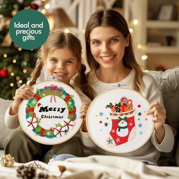 christmas embroidery kits: 3 pack cross stitch kit for beginners adults, diy ornaments craft kit with all tools & instructions, stamped hand embroidery starter kit for holiday crafts & xmas home decor