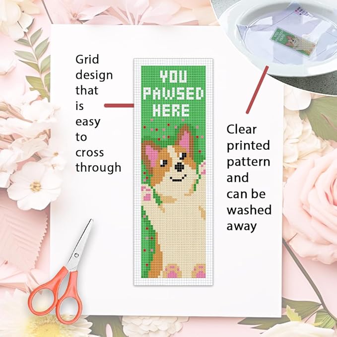 ORIGACH 6 Set Cute Dog & Book Cross Stitch Bookmark Kit for Beginner with Backing Felt Floss Instructions DIY Stamped Embroidery Bookmark Kit for Adults, Book Lovers