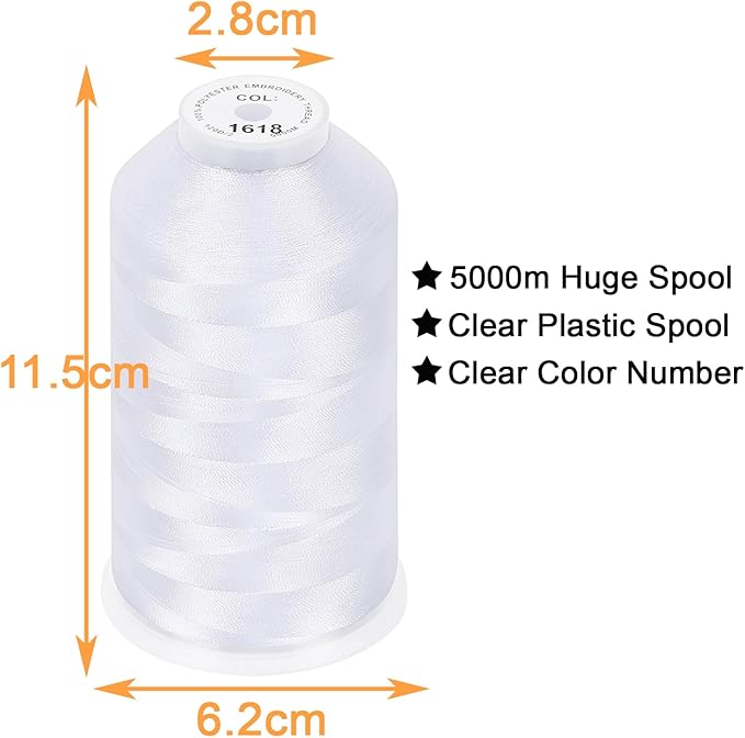 New brothread - Single Huge Spool 5000M Each Polyester Embroidery Machine Thread 40WT for Commercial and Domestic Machines - Snow White