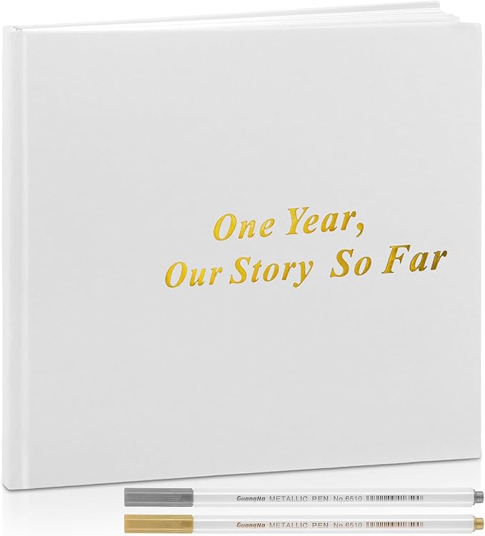 Colarr Hardcover Couples Scrapbook 144 Pages 8.7 x 8.7" Couples Photo Album Scrapbook Relationship Journal for Memory Book Gift for Wedding with 2 Markers(White,One Year)