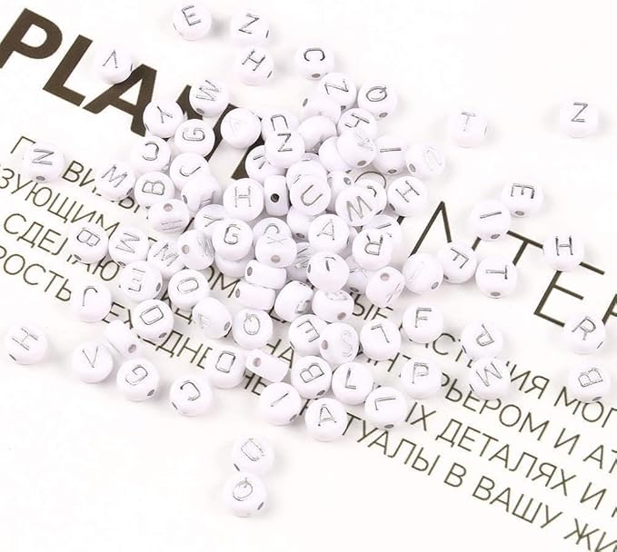 Acrylic Letter Beads Alphabet Silver Letters White Round Bead, 4×7mm 1200pcs, for Friendship Bracelets and Gifts Souvenir Jewelry Making