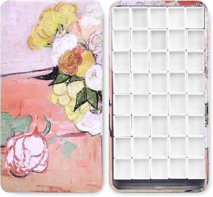 40Pcs Empty Half Pans with Magnetic Stripe Watercolor Paint Travel Tin Palette Case, Artist Paints Half Pan Kits for DIY Watercolor Oils or Acrylics Painting Art Drawing Champs Rose