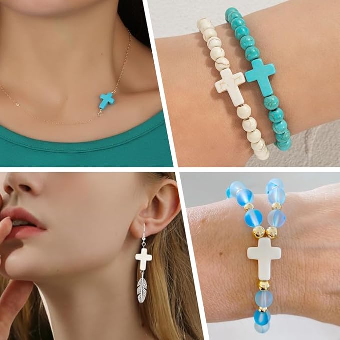 SUNNYCLUE 1 Box 100Pcs Cross Beads Bulk White Blue Synthetic Turquoise Stone Beads Easter Holiday Pocket Crosses 16x12mm Mini Small Loose Spacer Cross Beads for Jewelry Making DIY Beading Supplies