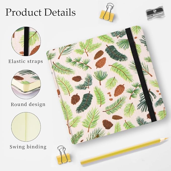 Mifuner Small Square 5x5 80gsm Mini Notebooks Blank Pages Sketchbooks Travel Journal Pocket Hardcover Paint Writing Notebook Blank Diary Memo Planner Sketchbook Fabric Cover, Pinecone