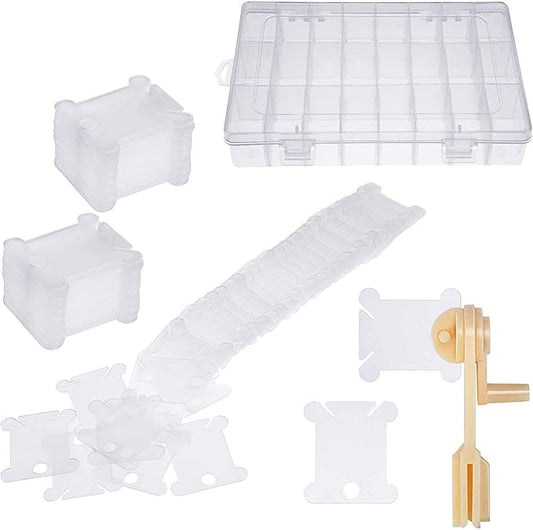 Embroidery Floss Organizer Box Tools with 100 Pcs Plastic Floss Bobbins 1 Bobbin Winder 1 Removable 24 Compartments Cross Stitch Embroidery Thread Storage Box for Craft DIY Sewing Storage Jewelry