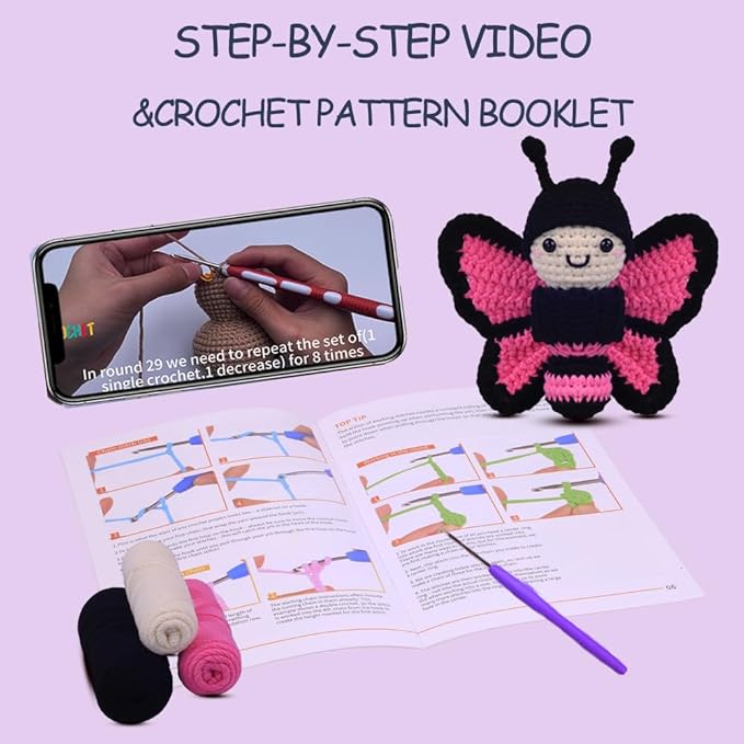 Crochet Kit for Beginners,Crochet Starter Kit with Step-by-Step Video Tutorials,DIY Crochet Animal Kits for Adults Kids,Complete Kit Included(Butterfly)