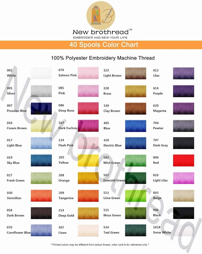 New brothread 40 Colors Compatible with Brother Polyester Embroidery Machine Thread Kit 500M (550Y) Each Spool Compatible with Brother Babylock Janome Singer Pfaff Bernina Embroidery & Sewing Machine
