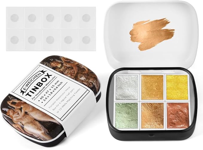 Art Supplies Handmade Watercolor Paint Set - 6 Metallic Gold Colors Half Pans Glitter Solid Water Color- Metal Case Sparkle Pearlescent Watercolour for Artists,White