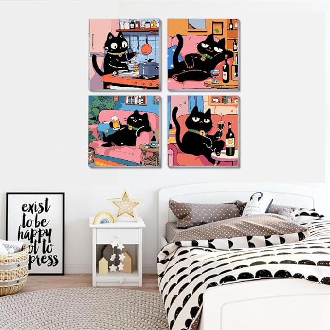 4Pack Funny Black Cat Kitchen Paint by Numbers Kit for Kids, Vintage Animals Easy Framed Adults Paint by Numbers Kits, DIY Cute Cat Acrylic Oil Painting Number Kits for Home Wall Decor (8 x 8 Inch)
