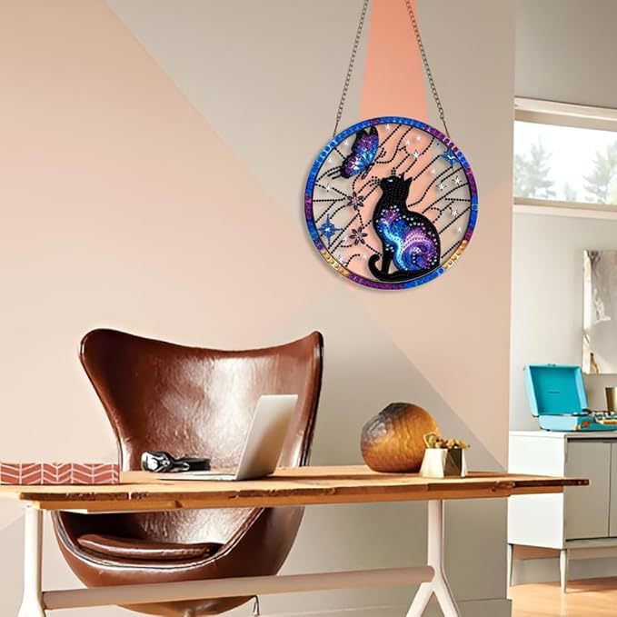 STGLCR DIY Hanging Diamond Art Pendant Painting Kit Cat Wreath, Acrylic Diamond Art Board Butterfly Ornament for Adults Painting Pendant Ornament for Home Wall Decor 7.87inch Aurora