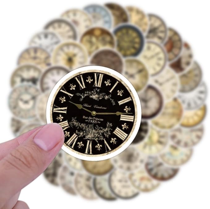 Retro Clock Stickers for Scrapbooking,50 Pcs Vintage Timepiece Decals, Waterproof Vinyl Stickers for Journals, Laptops, Home Decor, Ideal for Vintage Lovers Adults (Clock)