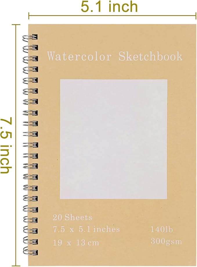 Set of 2, Each with 20 Sheets, 7.5 x 5.1 Inches, 140 lb Cold Press Watercolor Paper, 1150 GSM Brown Hard Cover, Spiral Bound, White Pages for Drawing and Painting