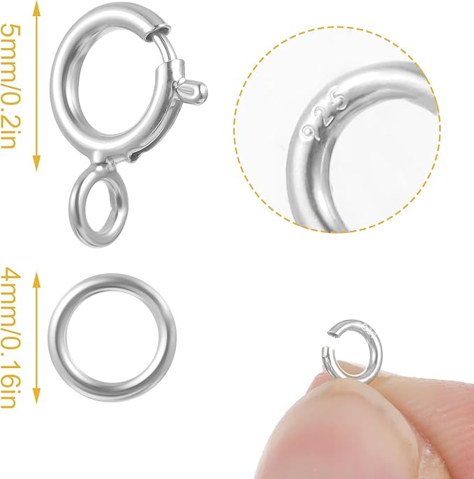 7 Sets 925 Sterling Silver Necklace Clasps and Closures 5mm Spring Ring Clasp Jewelry Clasps with Closed Jump Rings 4mm for Bracelet Necklace Extender Connectors for Jewelry Making Repair