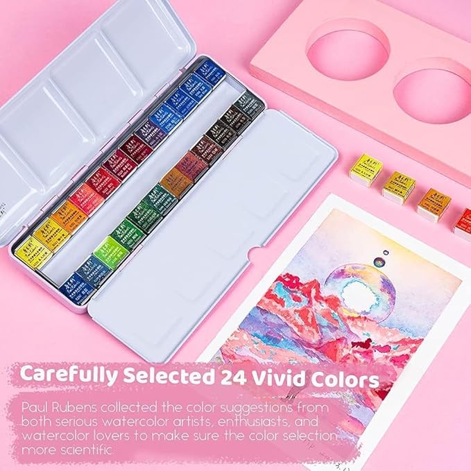 Paul Rubens Watercolor Paint Set Artist Grade, 24 Vivid Colors with Portable Metal Box for Artists, Beginners, Hobbyists, Students