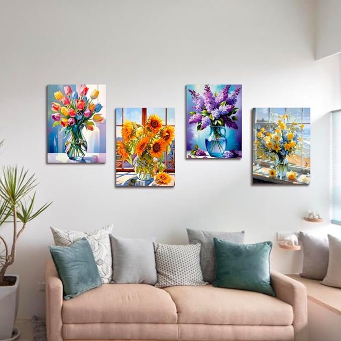 Muzagroo Art Flowers Diamond Paintings Kits for Adults Sunflower Diamond Art Kits for Beginners Hand Crafts Full Drill 5D Diamond Dots Kits DIY Gem Art 12X16 inches 4PCS (Sunflowers)
