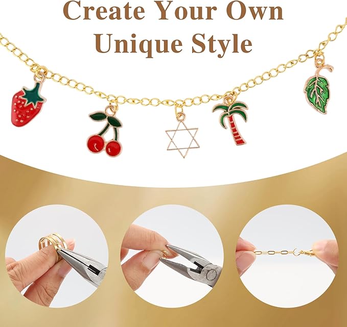 LuneClat Gold Chain Charm Bracelet Making Kit - 14K 5 Different Chains 3.28 ft, DIY Necklace Bracelets Making Accessories with Charms Pendants Jump Rings Lobster Clasps Pliers