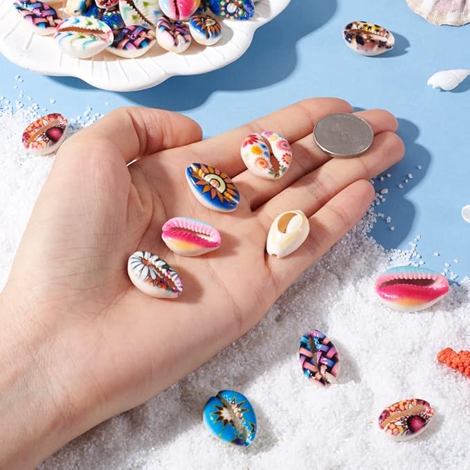 Cheriswelry 100pcs Cowrie Shell Beads Colorful Printed Sea Shell Beach Spacer Beads No Hole Ocean Summer Bracelet Necklace Beads Charms Fish Tanks Decoration 20~25mm for DIY Craft Jewelry Making
