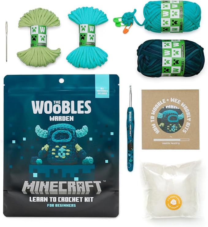 The Woobles Minecraft Crochet Kit – Beginner Crochet Kit for Adults, Easy Knitting Kit with Woobles Yarn, DIY Crafts, Crochet Animals, Minecrafts, Gift for Gamers & Crafters (Warden)