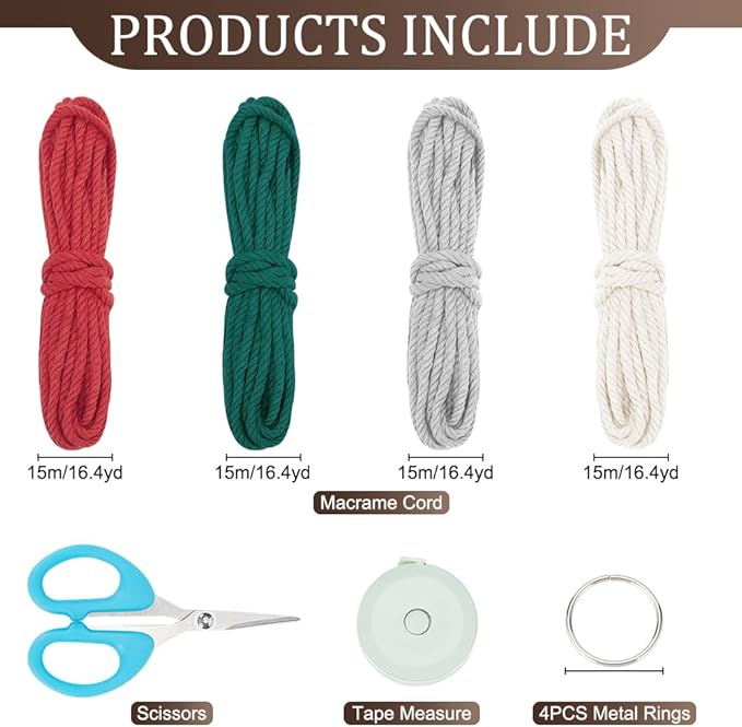 FREEBLOSS 4 Set Macrame Christmas Tree Kit With 4 Colors Cotton Cords, DIY Kit With Instruction, Ornaments for Christmas Tree Decor for Adults (DK-FB0005-24-US35)
