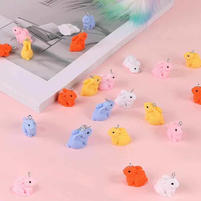 BENOSPACE 20 pcs Easter Rabbit Charm Pendant 3D Resin Bunny Bead Animal Decoration with 50 pcs Open Loops and 20 pcs Ear Hooks Jewelry Making Kit for DIY Bracelet Necklace Keychain Crafts