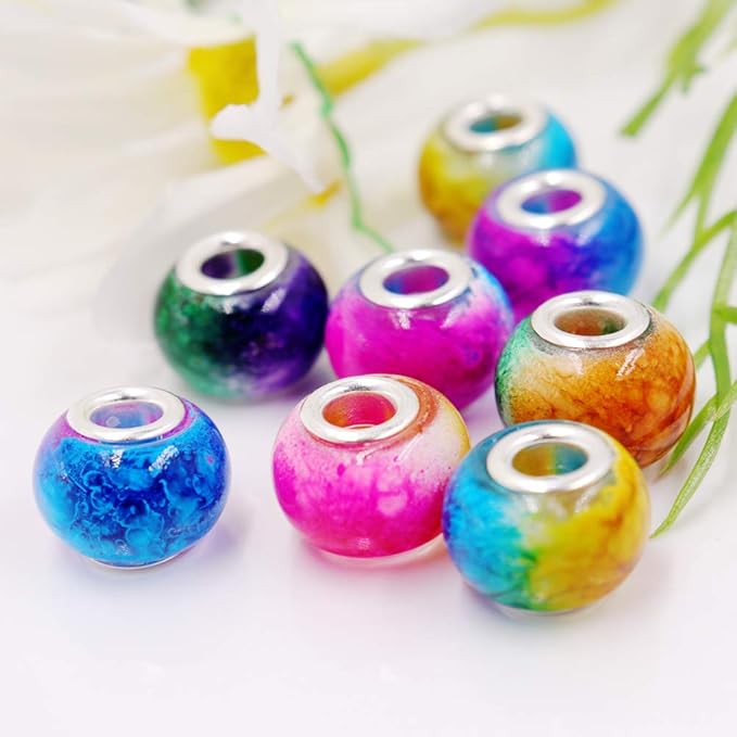AIPRIDY 100Pcs 15x11mm Painting Murano Large Hole Glass Beads Mix Color with Silver Brass Cores European Charm fit Bracelet Necklace (Explosive Double Color Glass)