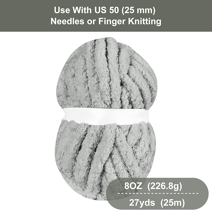 Chunky Chenille Yarn for Hand Knitting,Fluffy Soft Jumbo Yarn by Circular Needle & Crochet Hook,Super Bulky Big Yarn for Chunky Blanket,Large Thick Arm Knitting,8 Pack,Light Grey