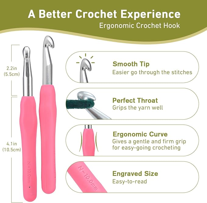 10mm Crochet Hook, Supers Smooth 10 mm Ergonomic Crochet Hooks for Beginner, Comfort for Arthritic, 1 Pack
