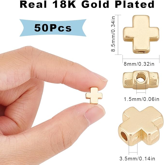 SUNNYCLUE 1 Box 50Pcs Cross Beads Real 18K Gold Plated Crosses Bulk Mini Small Golden Cross Bead Tiny Beaded Charm Easter Crucifix Loose Spacers for Jewelry Making Beading Kit DIY Craft