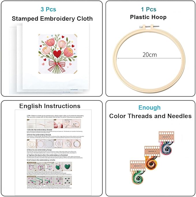 Konrisa 3pcs Love Flower Embroidery Kits for Beginners Adults, DIY Sewing Needlepoint Cross Stitch Kits for Anniversary Valentine's Day, Brithday, Christmas and Home Decoration