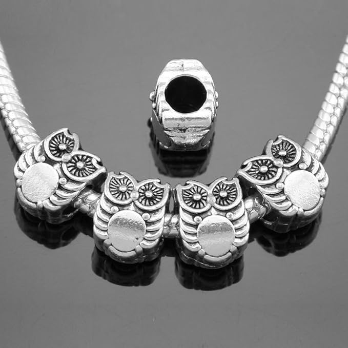 RUBYCA 50pcs Tibetan Silver Tone Spacer Beads Fit European Charms Bracelet Wonderful Owl Design