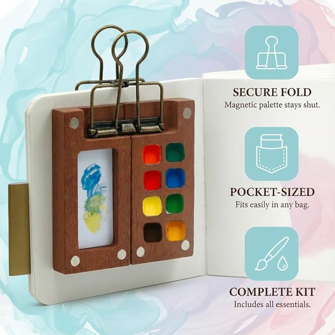 Mini Watercolor Paint Set, Travel Watercolor Set, Watercolor Kit, Pocket Artist Water Color Set with Paint, Brush, Storage Pouch, Sketchbook & Copper Clip for Beginners, Artists & Painting Enthusiasts