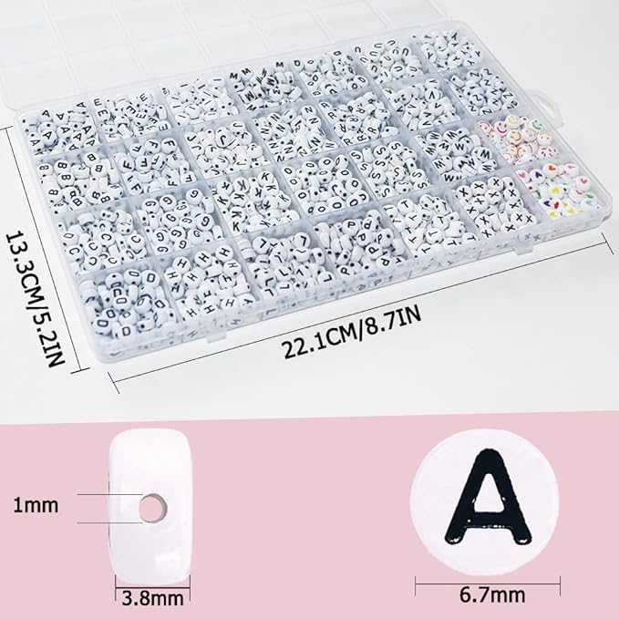 Alphabet Beads A-Z 1300+Pcs Letter Beads, Acrylic 4x7mm Round Letter Beads Kits,Black Digit and Colorful Smile Beads for Bracelets Necklaces DIY Jewelry Making (Black,1300+PCS)