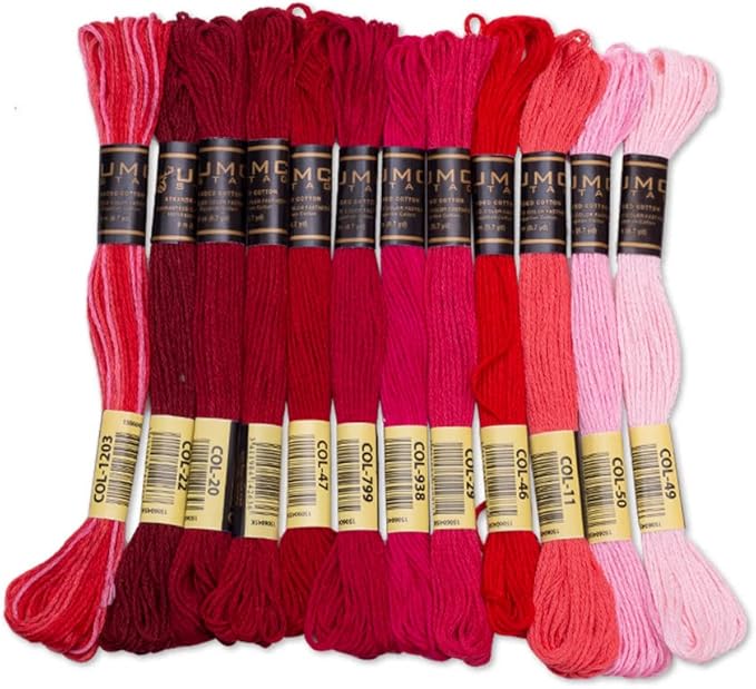 12 Pieces | Premium Embroidery Thread | 100% Egyptian Cotton Premium Skeins | Cross Stitch Embroidery Floss | Oeko TEX Certified Stranded Cotton (Red Tones)
