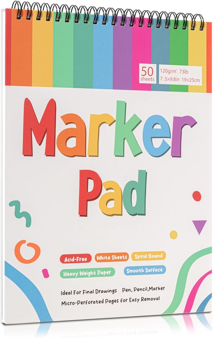 50 Sheets Marker Paper Pad, 7.5×9.8 Inch Bleedproof Art Sketch Pad, 73lb/120gsm Drawing Paper Spiral Sketch Book, Painting Coloring Alcohol Marker Paper for Beginners, Artists, Gift, Easter